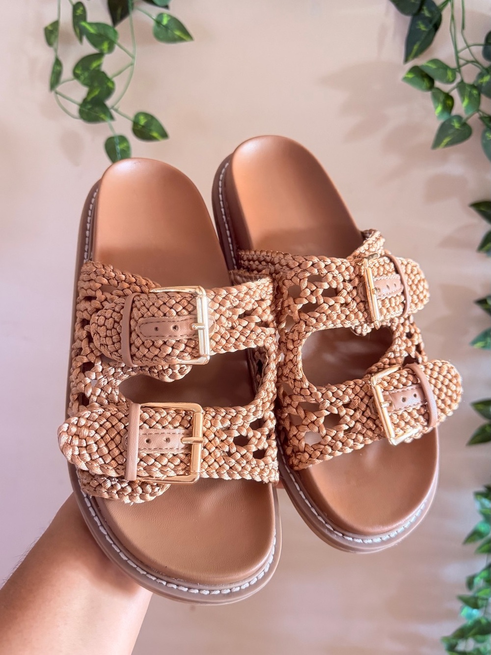 Joie Tan Braided Double-Buckle Slide Sandals